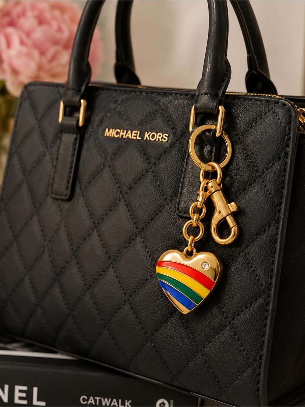 •In Loving Color• Gold Heart Keychain Charm Rainbow Stripe Rhinestone Bag Charm - Picture 2 of 2
